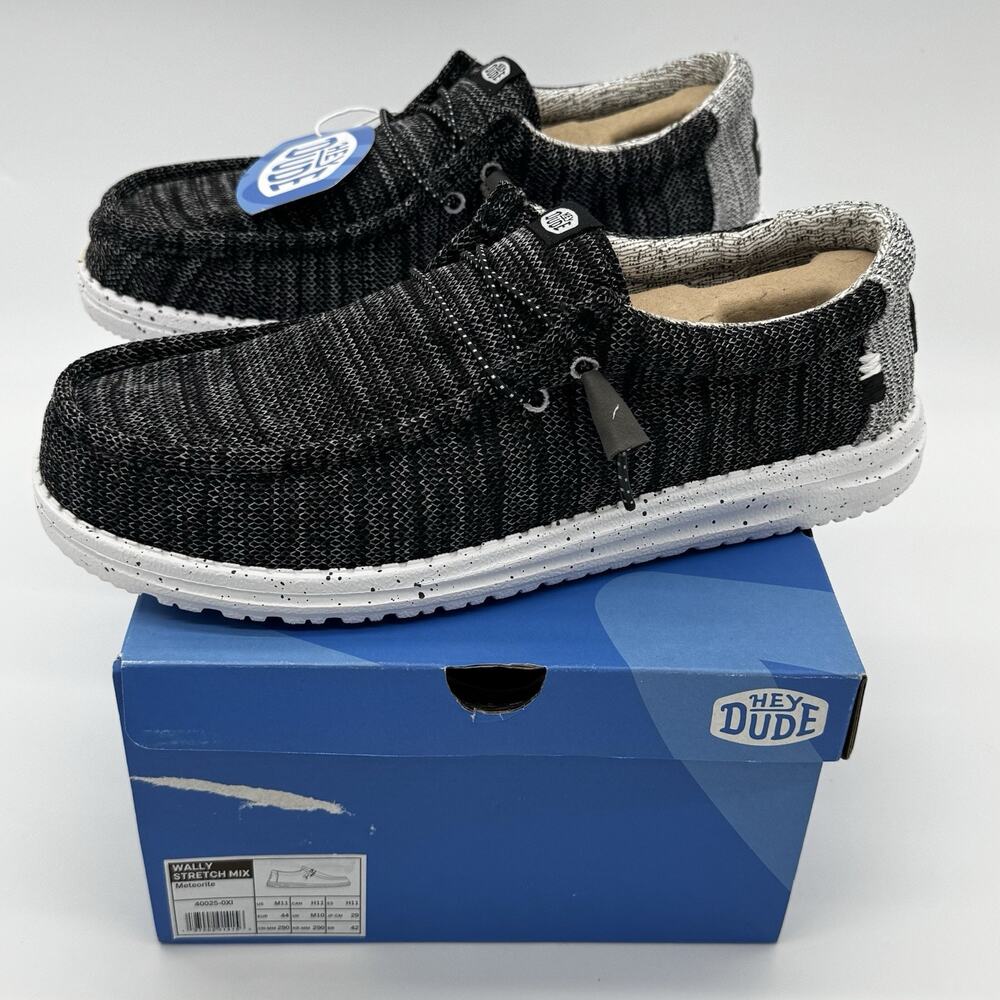 Hey Dude Wally Stretch Mix Meteorite Men’s 11 Black Gray Slip On Shoes New Box